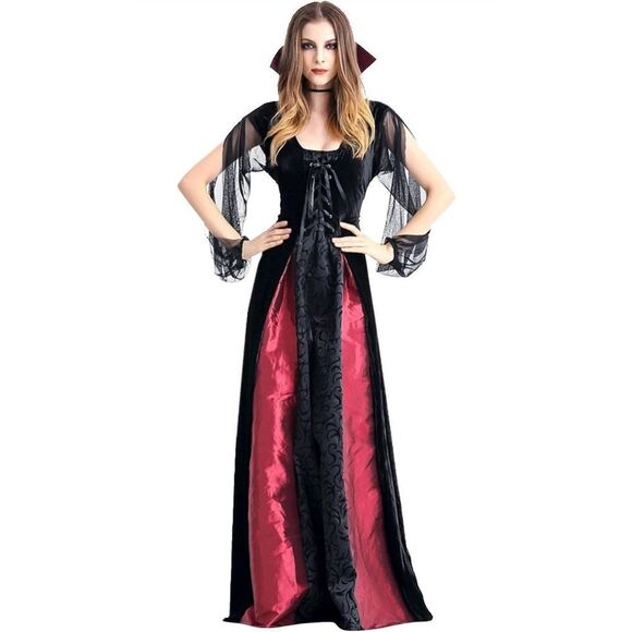 Women's Vampire Renaissance Corset Dress Black Velvet Burgandy Sheen Split Mesh - Picture 1 of 7